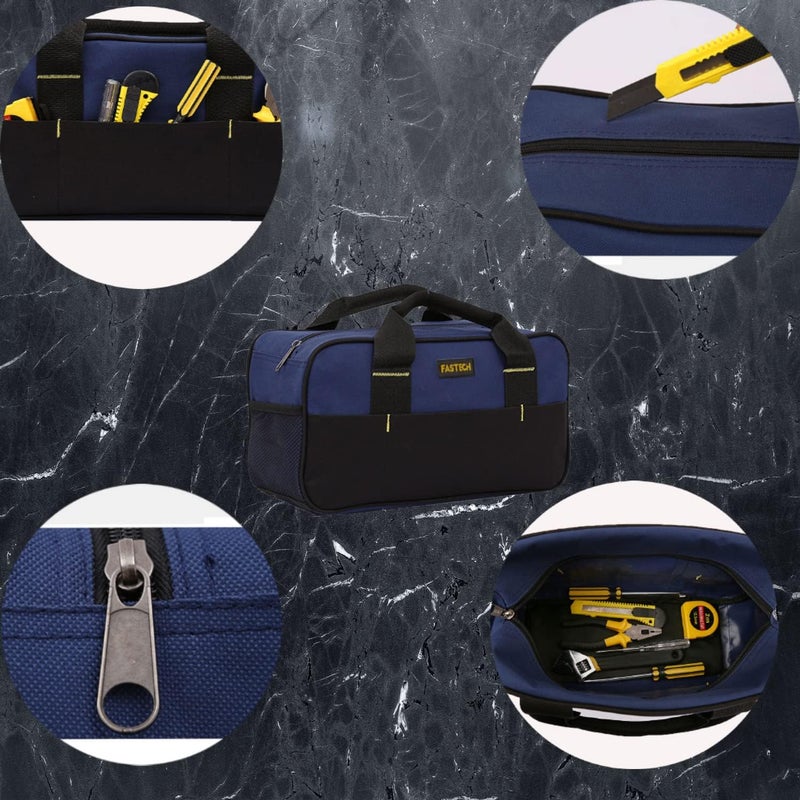 FSATECH 14 Inch Small Tool Tote Bag, Wide Mouth Tool Tote Bag, Waterproof Tool Organizer Bag, Multi-Pockets Wide Mouth Tool Tote For Man/Woman (Blue) - Image 3